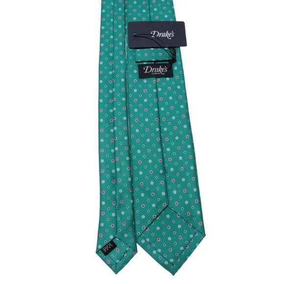 Drake's NWT Neck Tie in Teal Green with Red & Blue Geometric Pattern 100% Silk